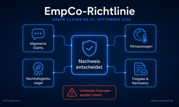 Schaubild zur EmpCo-Richtlinie mit vier Themenfeldern rund um einen zentralen Baustein: allgemeine Claims, Klimaaussagen, Nachhaltigkeitssiegel sowie Freigabe und Nachweise laufen auf die Kernaussage zu, dass der Nachweis entscheidet. Ein roter Hinweis warnt, dass unbelegte Aussagen riskant werden.