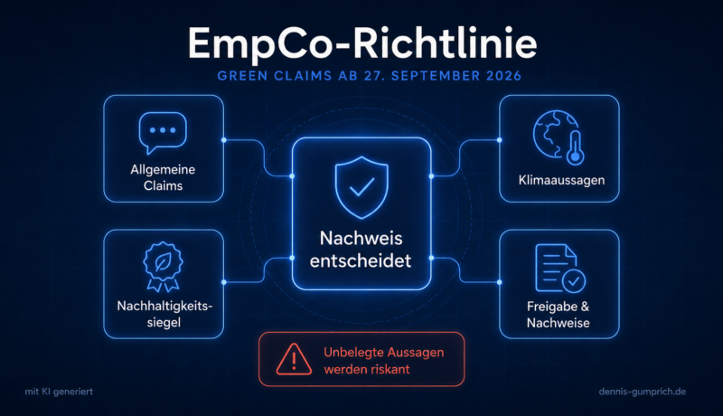 Schaubild zur EmpCo-Richtlinie mit vier Themenfeldern rund um einen zentralen Baustein: allgemeine Claims, Klimaaussagen, Nachhaltigkeitssiegel sowie Freigabe und Nachweise laufen auf die Kernaussage zu, dass der Nachweis entscheidet. Ein roter Hinweis warnt, dass unbelegte Aussagen riskant werden.