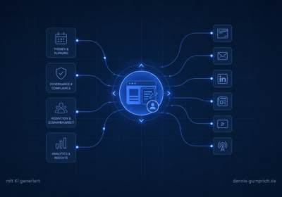 Neonblaue schematische Illustration eines Corporate Newsrooms: Ein zentrales Steuerungs-Dashboard verbindet Themen, Governance, Zusammenarbeit und Analyse mit verschiedenen Content- und Kommunikationskanälen.
