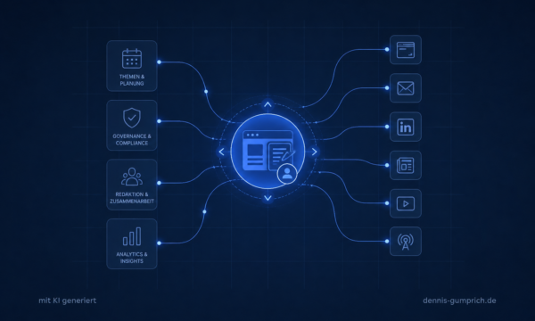 Neonblaue schematische Illustration eines Corporate Newsrooms: Ein zentrales Steuerungs-Dashboard verbindet Themen, Governance, Zusammenarbeit und Analyse mit verschiedenen Content- und Kommunikationskanälen.