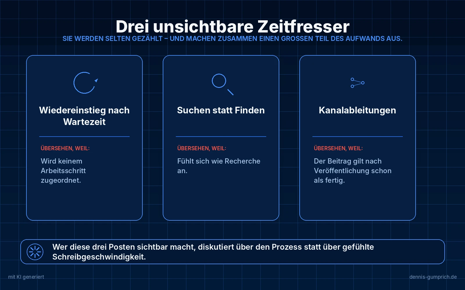 Drei Karten mit unsichtbaren Zeitfressern und ihrer jeweiligen Begründung: Wiedereinstieg nach Wartezeit wird übersehen, weil er keinem Arbeitsschritt zugeordnet ist; Suchen statt Finden wird übersehen, weil es sich wie Recherche anfühlt; Kanalableitungen werden übersehen, weil der Beitrag nach Veröffentlichung schon als fertig gilt.