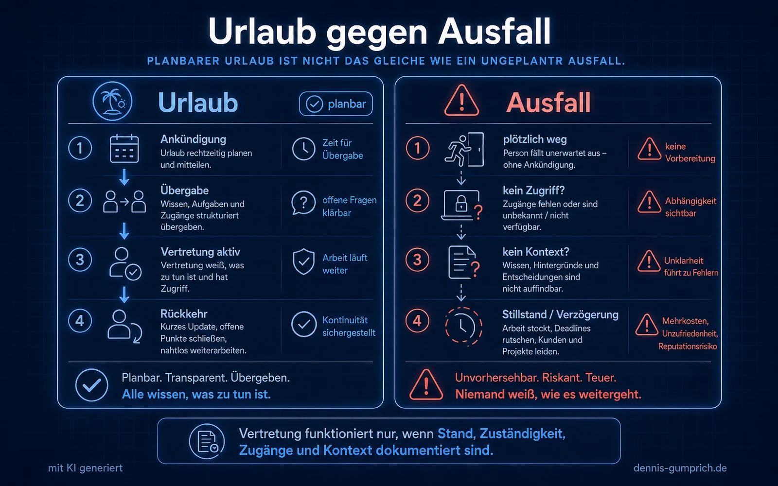 Infografik mit zwei Szenarien nebeneinander: links Urlaub als planbarer Ablauf mit Ankündigung, strukturierter Übergabe, aktiver Vertretung und Rückkehr; rechts Ausfall als ungeplanter Ablauf mit plötzlicher Abwesenheit, fehlendem Zugriff, fehlendem Kontext und Stillstand oder Verzögerung. Unter beiden Spalten steht die Aussage, dass Vertretung nur mit dokumentiertem Stand, Zuständigkeiten, Zugängen und Kontext funktioniert.