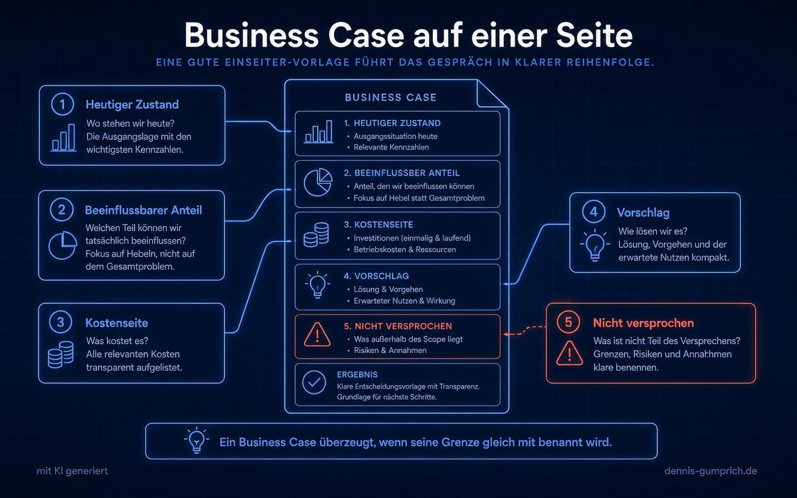 Infografik mit einer zentralen Dokumentseite und seitlichen Callouts. Der Aufbau umfasst heutiger Zustand mit Ausgangssituation und Kennzahlen, beeinflussbarer Anteil mit Fokus auf Hebel, Kostenseite mit einmaligen und laufenden Investitionen, Vorschlag mit Lösung und erwartetem Nutzen sowie nicht versprochen mit Grenzen, Risiken und Annahmen.