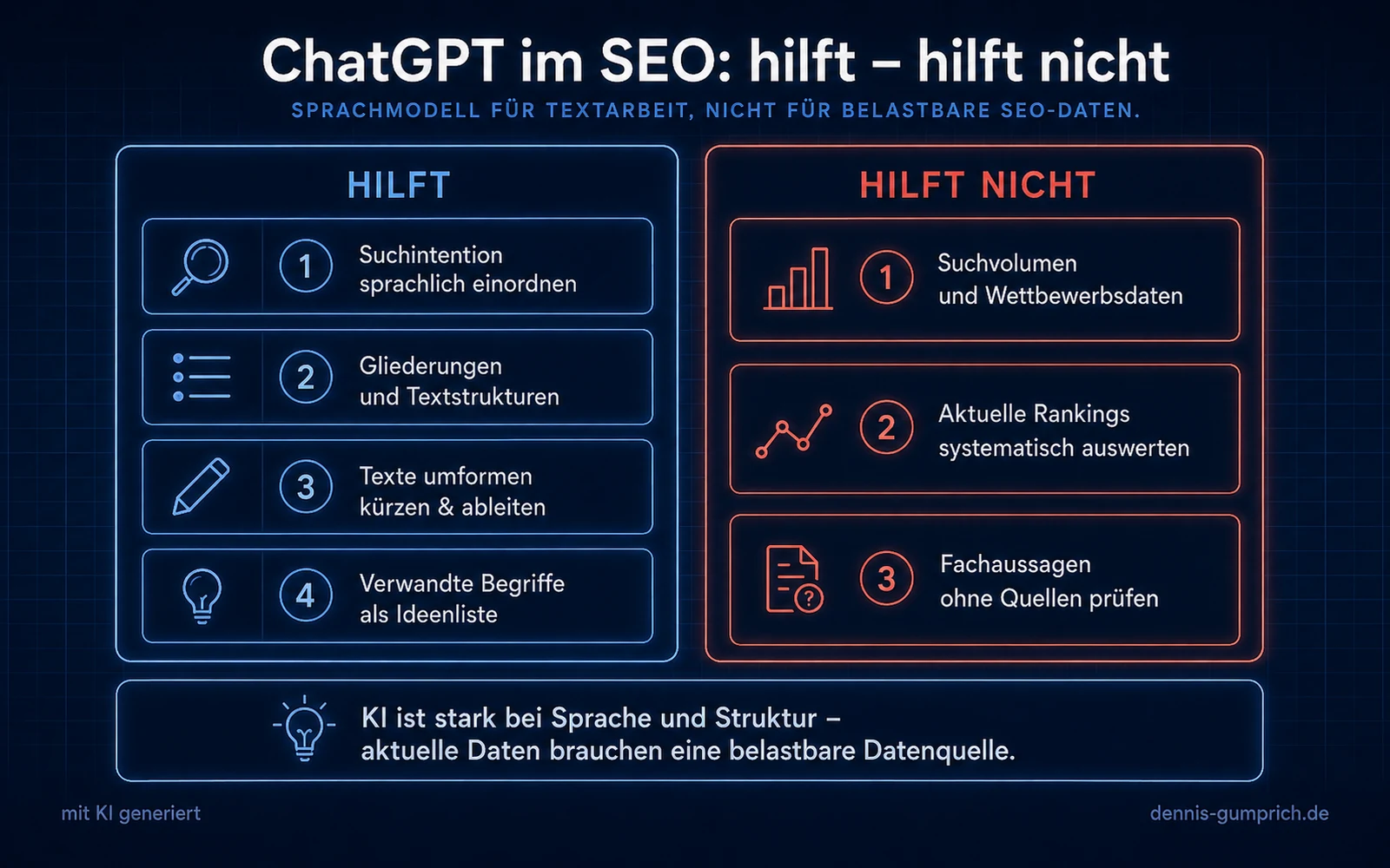 Vergleichsinfografik mit zwei Spalten. Links unter HILFT stehen Suchintention sprachlich einordnen, Gliederungen und Textstrukturen, Texte umformen kürzen und ableiten sowie verwandte Begriffe als Ideenliste. Rechts unter HILFT NICHT stehen Suchvolumen und Wettbewerbsdaten, aktuelle Rankings systematisch auswerten sowie Fachaussagen ohne Quellen prüfen.
