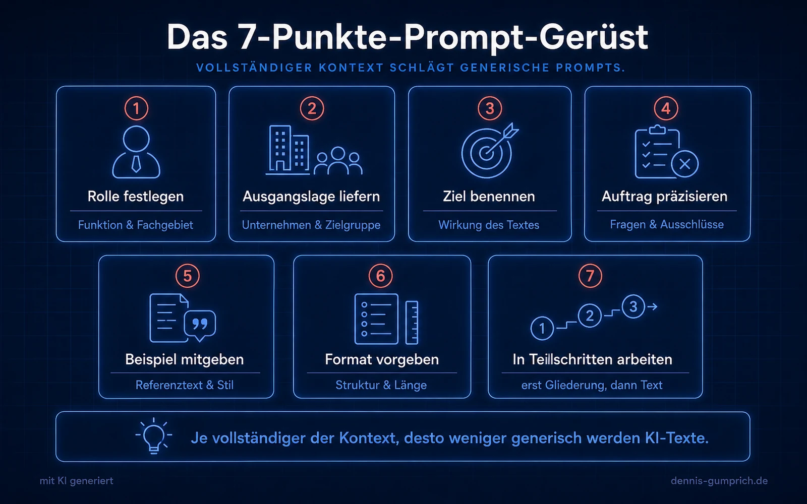 Infografik mit sieben nummerierten Karten zum Prompt-Gerüst. Dargestellt sind Rolle festlegen mit Funktion und Fachgebiet, Ausgangslage liefern mit Unternehmen und Zielgruppe, Ziel benennen mit der Wirkung des Textes, Auftrag präzisieren mit Fragen und Ausschlüssen, Beispiel mitgeben mit Referenztext und Stil, Format vorgeben mit Struktur und Länge sowie in Teilschritten arbeiten mit erst Gliederung, dann Text.