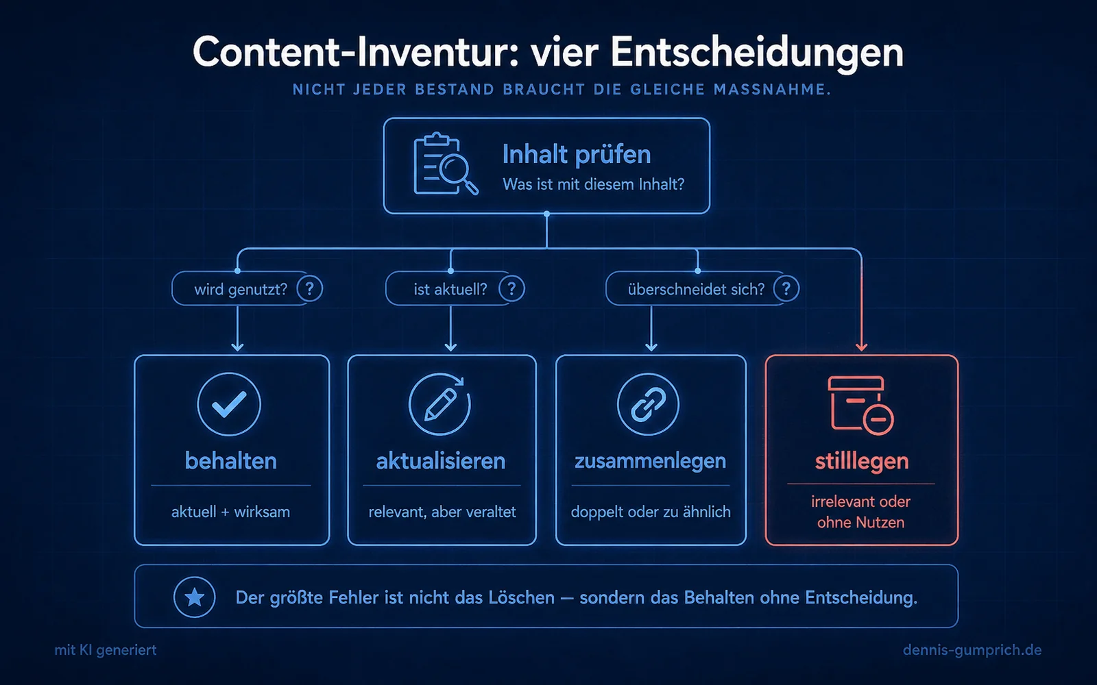 Entscheidungsbaum zur Content-Inventur mit dem Startpunkt Inhalt prüfen und vier Ergebnissen: behalten bei aktuell und wirksam, aktualisieren bei relevant aber veraltet, zusammenlegen bei doppelten oder sehr ähnlichen Inhalten und stilllegen bei irrelevanten Inhalten ohne Nutzen. Zwischenfragen lauten wird genutzt, ist aktuell und überschneidet sich.