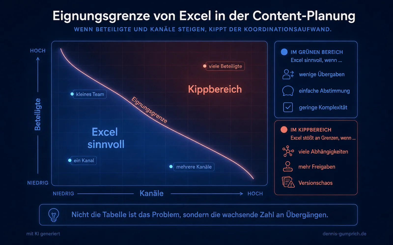 Diagramm zur Eignungsgrenze von Excel in der Content-Planung mit der Achse Beteiligte von niedrig bis hoch und der Achse Kanäle von niedrig bis hoch. Eine abfallende Kurve markiert die Eignungsgrenze. Im blau markierten Bereich links unten steht Excel sinnvoll, im rot markierten Bereich rechts oben Kippbereich. Beispielpunkte zeigen kleines Team, ein Kanal, mehrere Kanäle und viele Beteiligte.