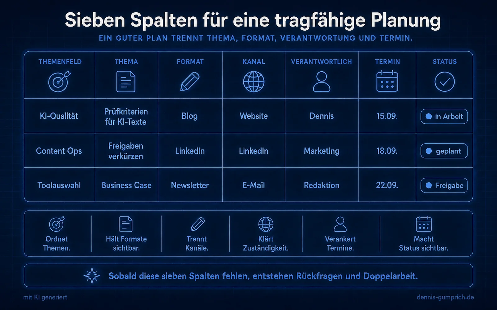 Infografik mit einer Planungstabelle aus sieben Spalten: Themenfeld, Thema, Format, Kanal, Verantwortlich, Termin und Status. Drei Beispielzeilen zeigen Inhalte zu KI-Qualität, Content Operations und Toolauswahl. Unter der Tabelle erklären Symbole die Funktionen der Spalten, etwa Themen ordnen, Formate sichtbar machen, Kanäle trennen, Zuständigkeit klären, Termine verankern und Status sichtbar machen.