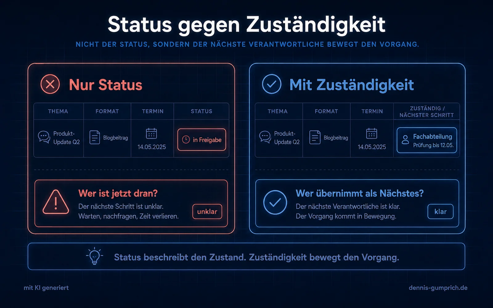 Infografik mit zwei Vergleichsseiten: links eine Planungszeile mit den Spalten Thema, Format, Termin und Status, wobei der Status in Freigabe lautet und unklar bleibt, wer als Nächstes dran ist; rechts dieselbe Zeile mit dem Feld Zuständig oder Nächster Schritt, in dem die Fachabteilung als nächste Verantwortliche genannt ist. Unten steht die Kernaussage, dass Status den Zustand beschreibt und Zuständigkeit den Vorgang bewegt.