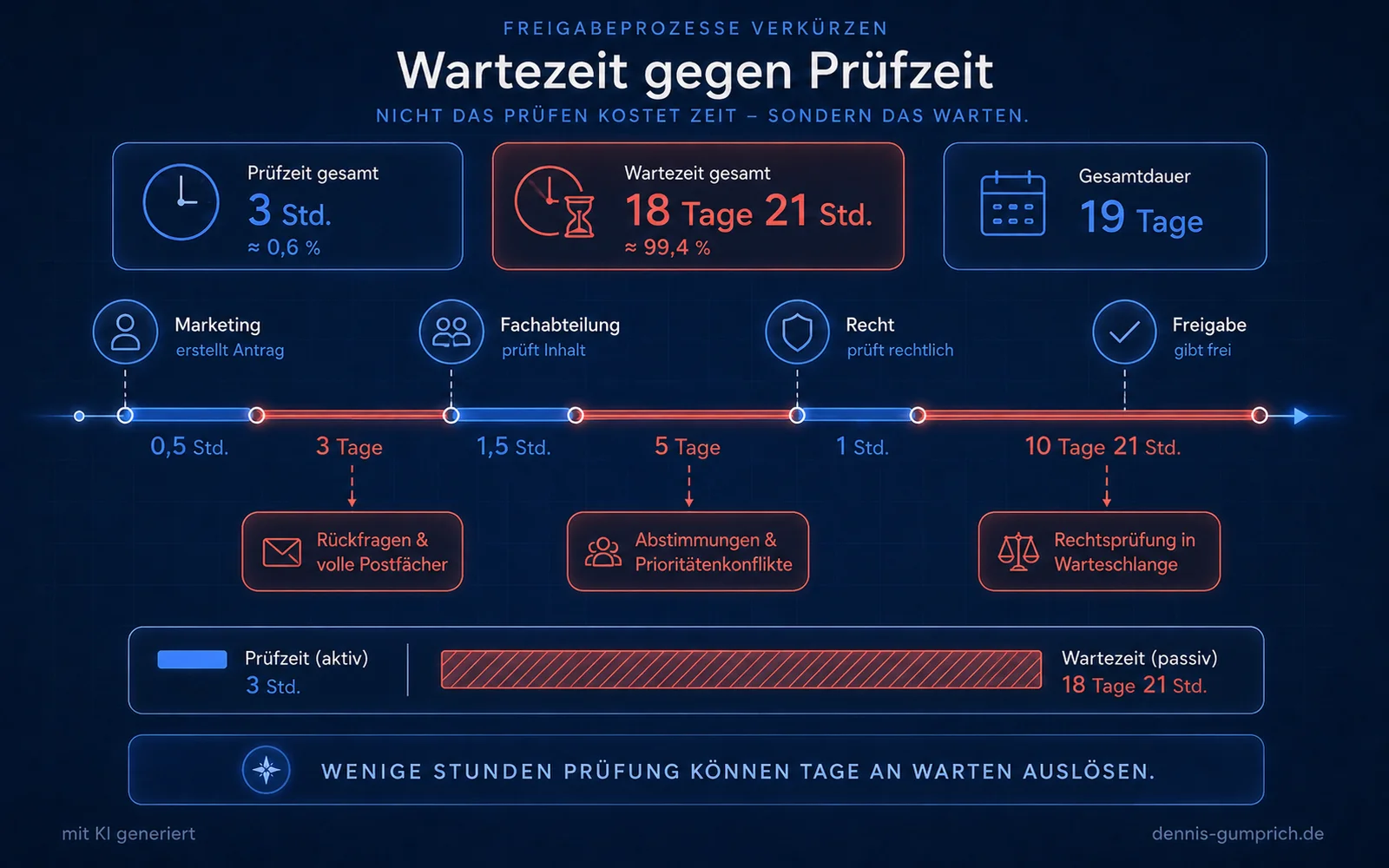 Zeitstrahl eines 19-tägigen Freigabeprozesses mit aktiver Prüfzeit in Blau und passiver Wartezeit in Rot. Drei Stunden Prüfzeit stehen 18 Tagen und 21 Stunden Wartezeit gegenüber; Stationen sind Marketing, Fachabteilung, Recht und Freigabe.