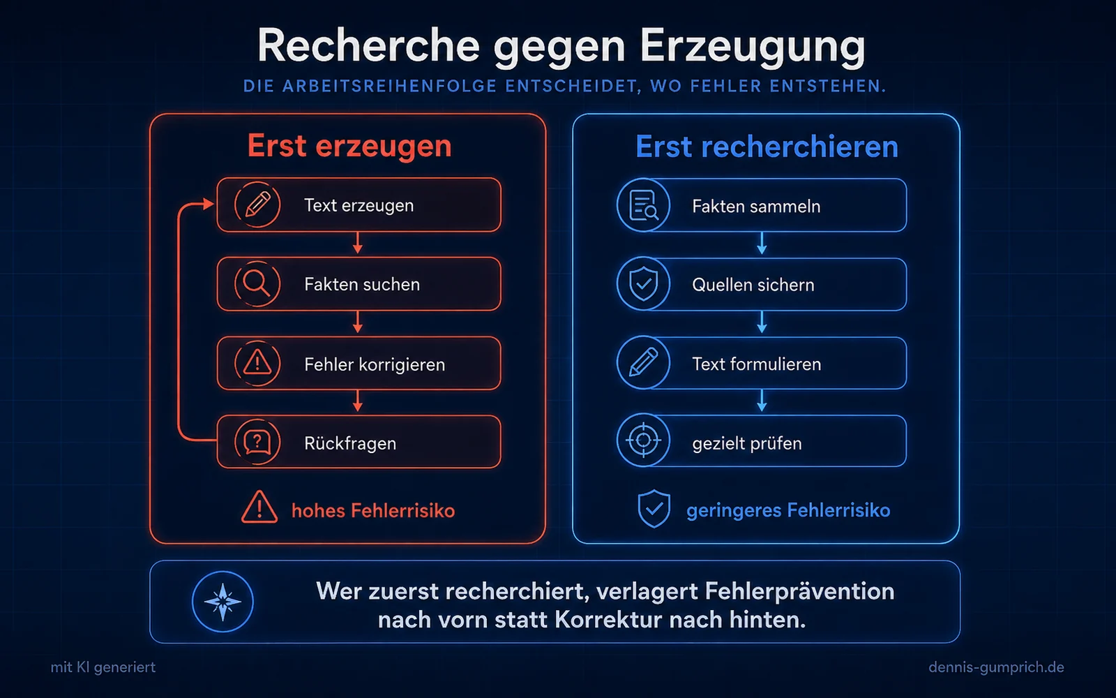 Vergleichsinfografik Recherche gegen Erzeugung mit zwei Workflows. Links zeigt Erst erzeugen mit den Schritten Text erzeugen, Fakten suchen, Fehler korrigieren und Rückfragen sowie hohem Fehlerrisiko. Rechts zeigt Erst recherchieren die Schritte Fakten sammeln, Quellen sichern, Text formulieren und gezielt prüfen mit geringerem Fehlerrisiko.
