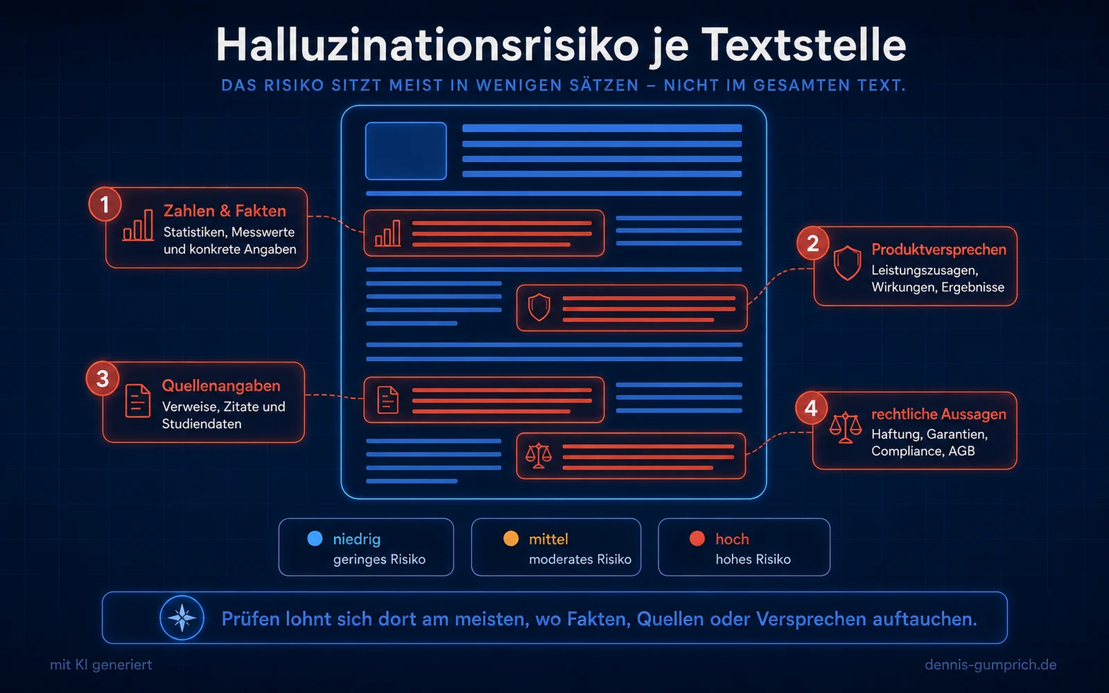 Infografik Halluzinationsrisiko je Textstelle mit einer zentralen Dokumentansicht und vier hervorgehobenen Risikobereichen. Markiert sind Zahlen und Fakten, Produktversprechen, Quellenangaben und rechtliche Aussagen als besonders prüfungsrelevante Stellen.