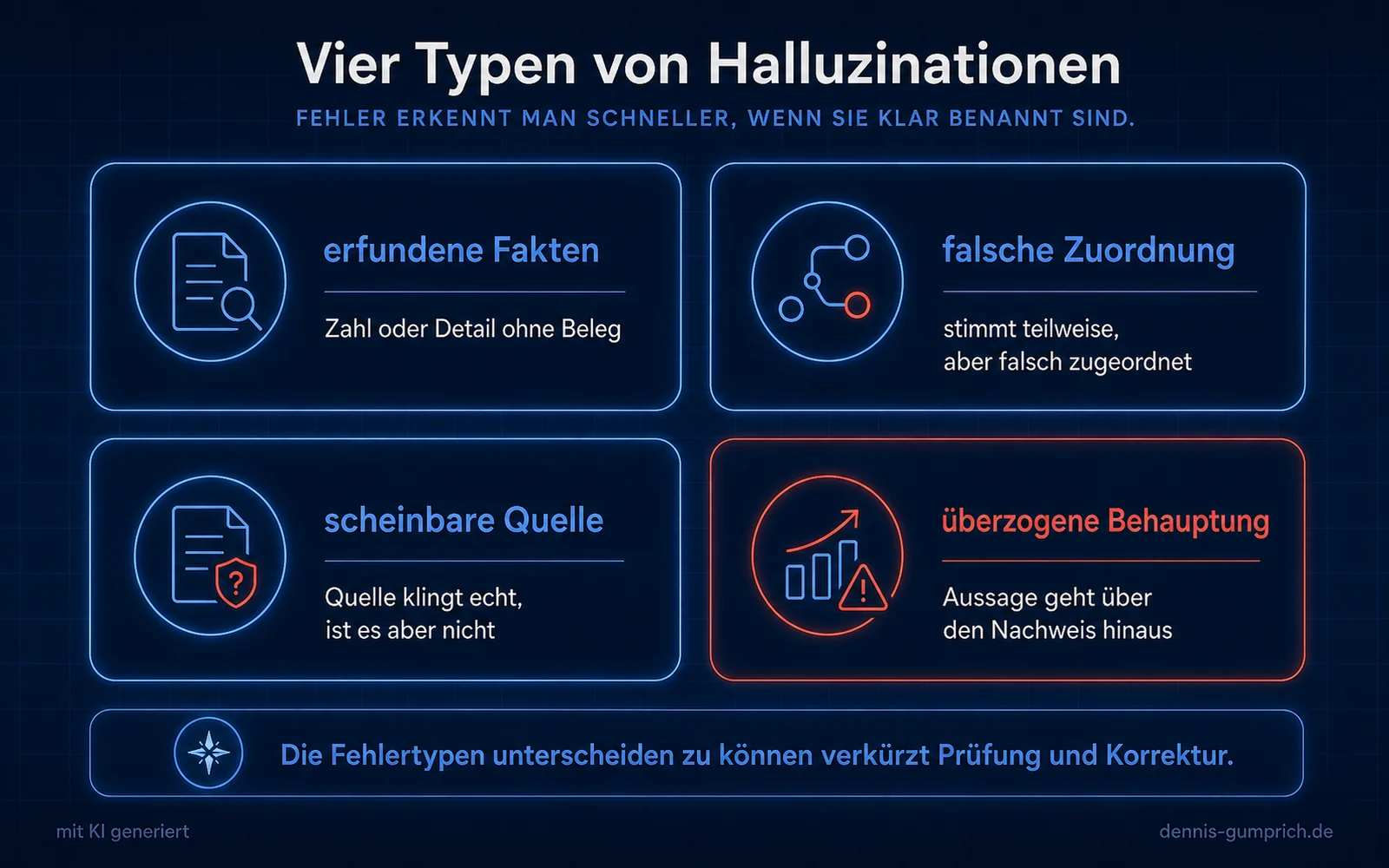 Infografik mit vier Typen von Halluzinationen: erfundene Fakten, falsche Zuordnung, scheinbare Quelle und überzogene Behauptung. Die vier Karten erklären jeweils knapp, woran sich der Fehlertyp erkennen lässt.