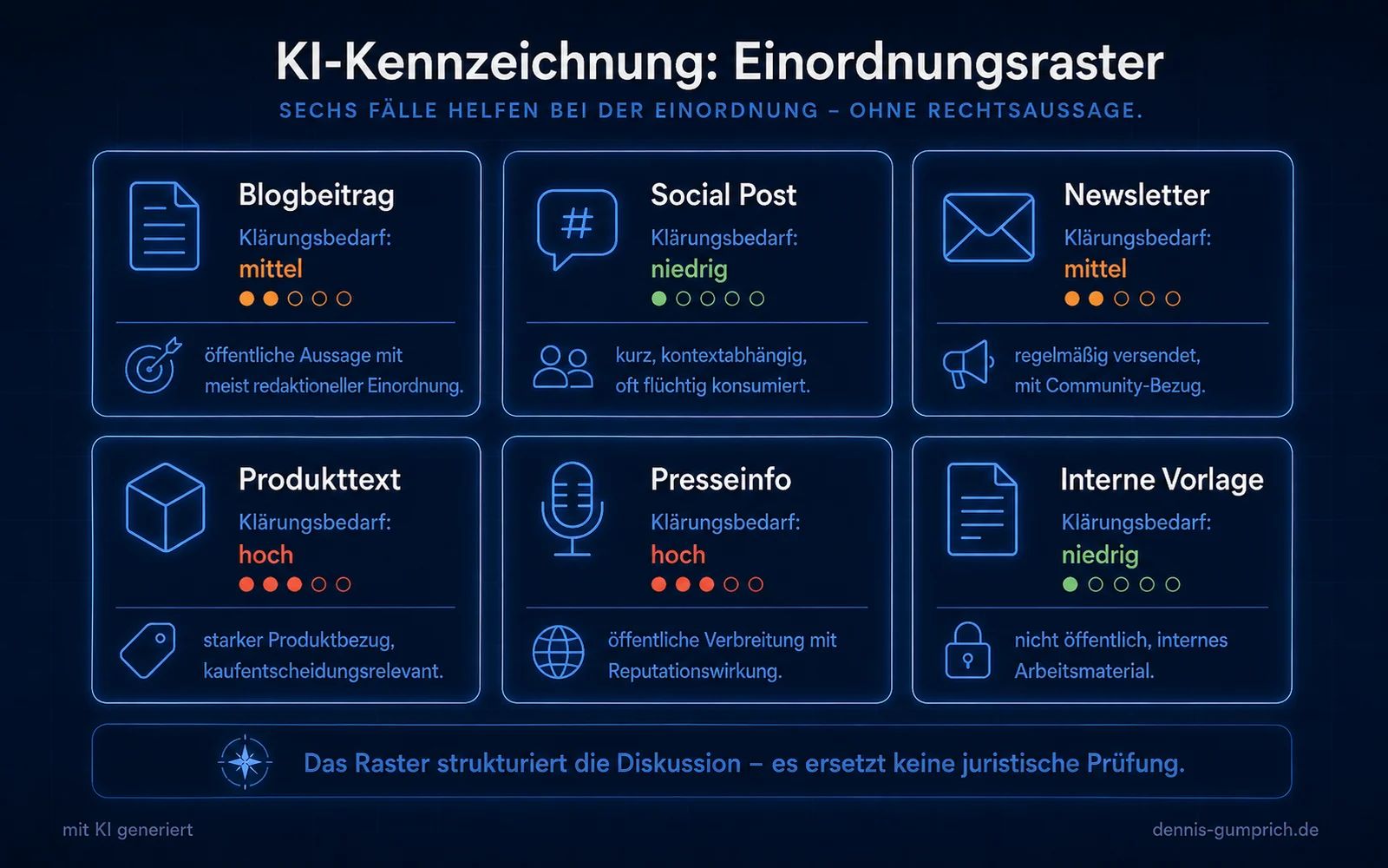 Infografik KI-Kennzeichnung Einordnungsraster mit sechs Fällen und je einem Klärungsbedarf. Blogbeitrag und Newsletter mittel, Social Post und interne Vorlage niedrig, Produkttext und Presseinfo hoch. Jede Karte nennt eine kurze Begründung, etwa starker Produktbezug oder öffentliche Verbreitung mit Reputationswirkung.