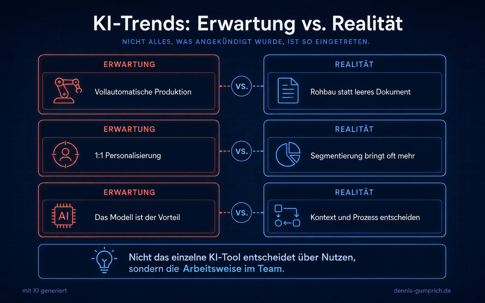 Gegenüberstellung von Erwartung und Realität in drei Zeilen. Vollautomatische Produktion steht Rohbau statt leeres Dokument gegenüber, Eins-zu-eins-Personalisierung steht Segmentierung bringt oft mehr gegenüber, und das Modell ist der Vorteil steht Kontext und Prozess entscheiden gegenüber.