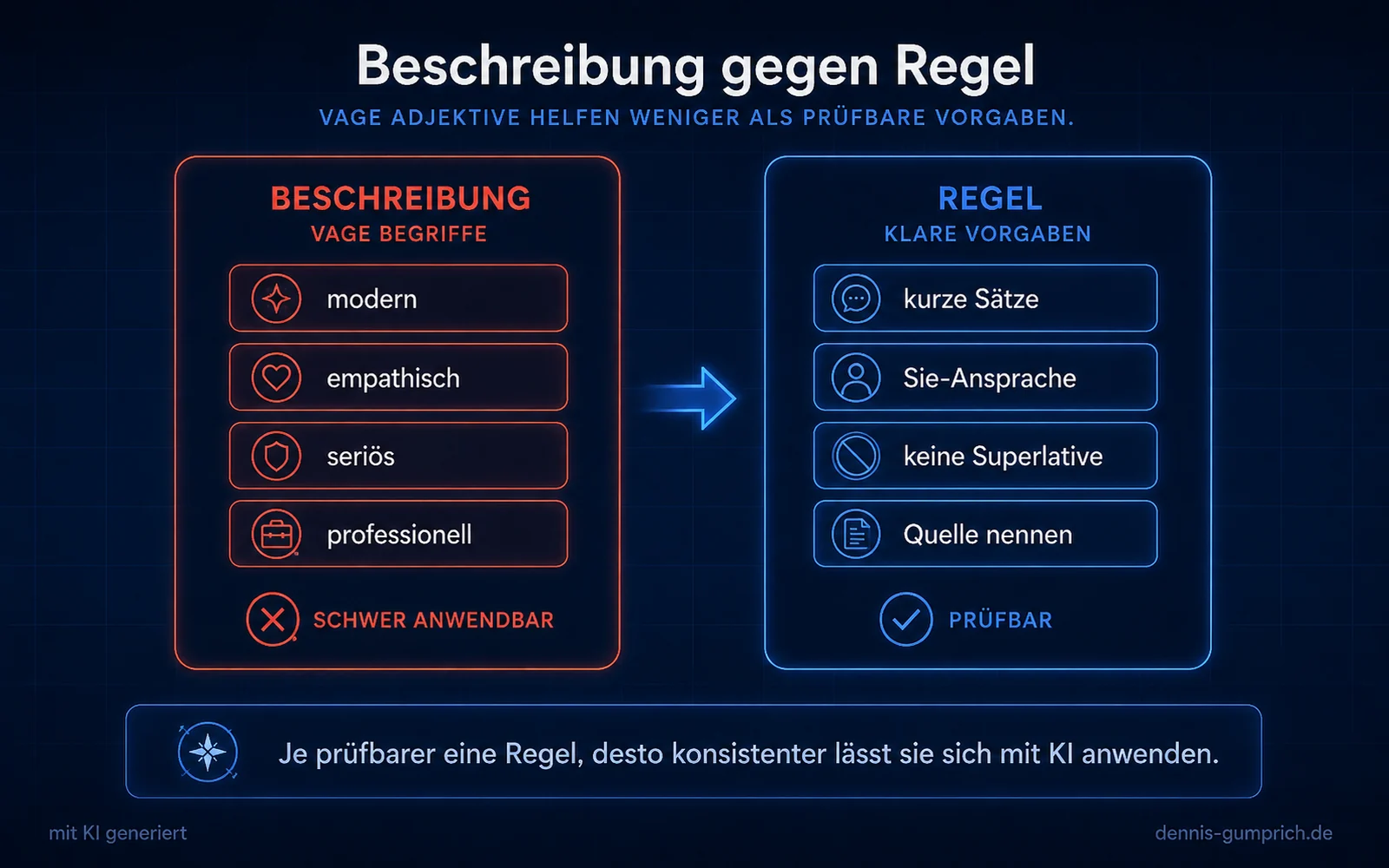 Vergleichsinfografik Beschreibung gegen Regel. Links stehen vage Begriffe wie modern, empathisch, seriös und professionell. Rechts stehen konkrete Regeln wie kurze Sätze, Sie-Ansprache, keine Superlative und Quelle nennen.