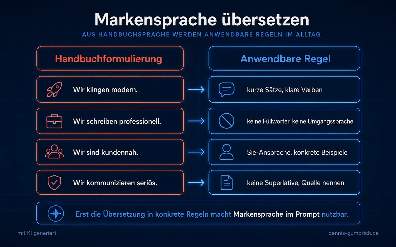 Gegenüberstellung Markensprache übersetzen mit Handbuchformulierung links und anwendbarer Regel rechts. Wir klingen modern wird zu kurze Sätze und klare Verben. Wir schreiben professionell wird zu keine Füllwörter und keine Umgangssprache. Wir sind kundennah wird zu Sie-Ansprache und konkrete Beispiele. Wir kommunizieren seriös wird zu keine Superlative und Quelle nennen.