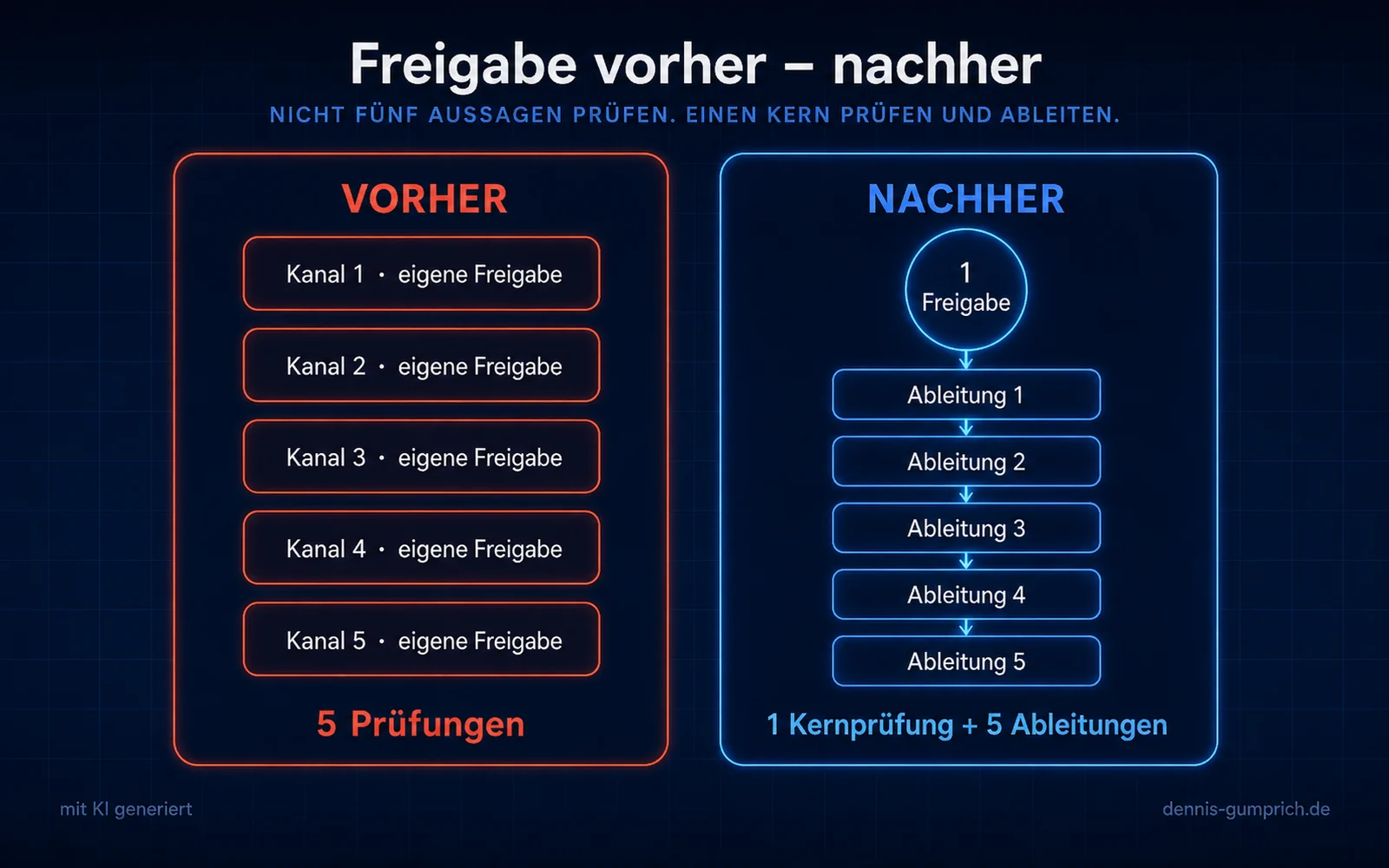 Vergleichsinfografik Freigabe vorher nachher mit zwei Panels. Links zeigt Vorher fünf Kanäle mit jeweils eigener Freigabe und unten den Hinweis 5 Prüfungen. Rechts zeigt Nachher eine Kernfreigabe und darunter fünf Ableitungen mit dem Hinweis 1 Kernprüfung plus 5 Ableitungen.