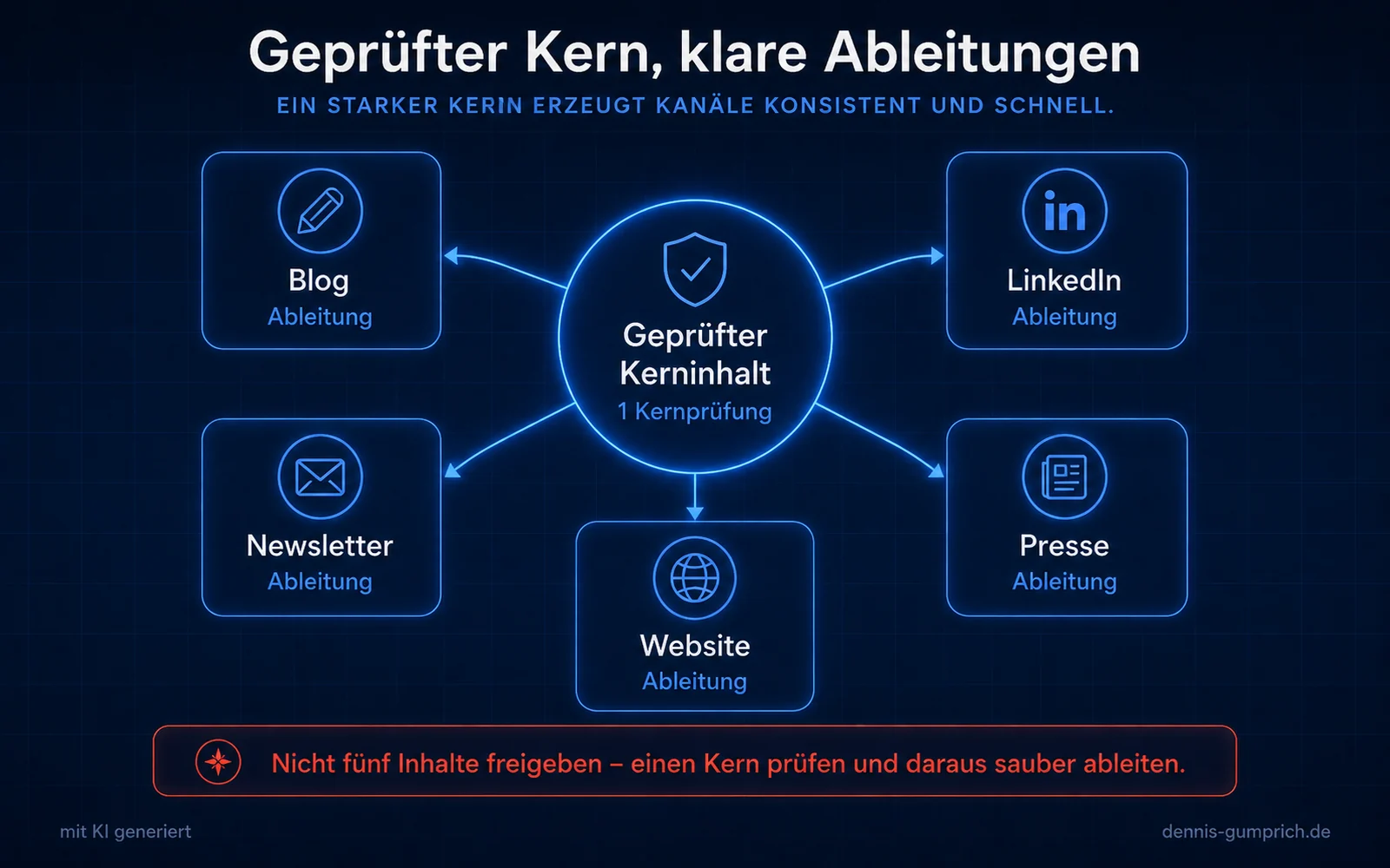 Diagramm mit einem zentralen Kreis Geprüfter Kerninhalt und fünf verbundenen Ableitungen für Blog, LinkedIn, Newsletter, Website und Presse. Der Aufbau zeigt eine Kernprüfung in der Mitte und daraus abgeleitete Kanäle außen herum.