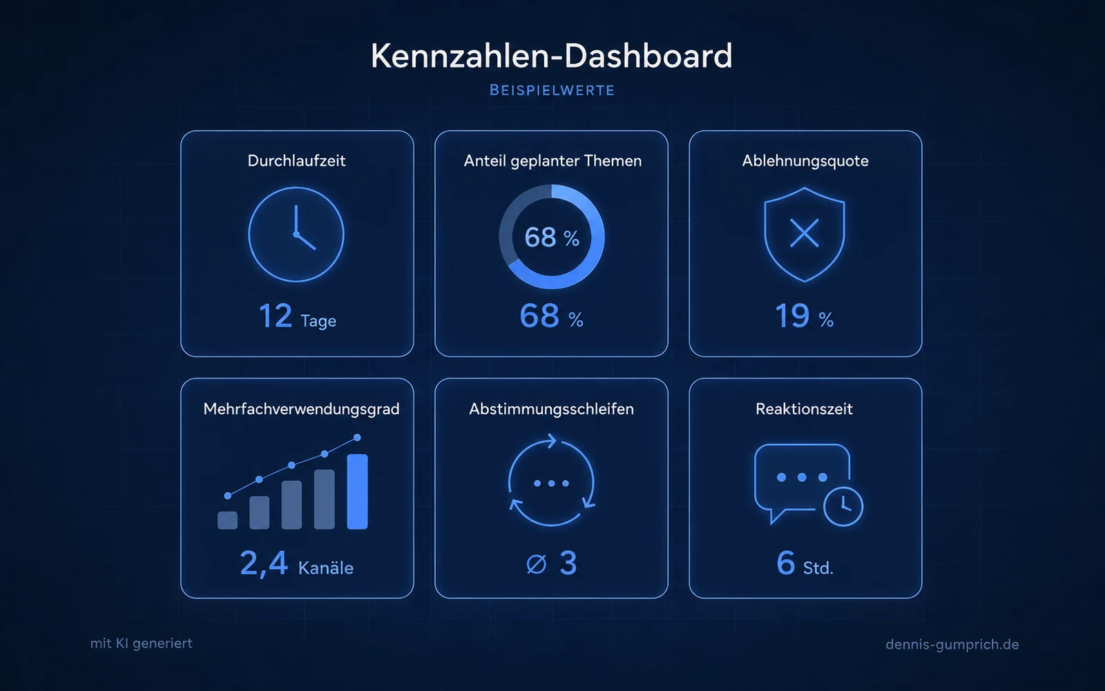 Dashboard mit sechs Prozesskennzahlen für den Newsroom-Betrieb: Durchlaufzeit, Anteil geplanter Themen, Ablehnungsquote, Mehrfachverwendungsgrad, Abstimmungsschleifen und Reaktionszeit
