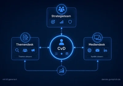 Schematische Übersicht der Newsroom-Rollen Strategieteam, CvD, Themendesk und Mediendesk mit dem CvD als operativer Steuerungsstelle