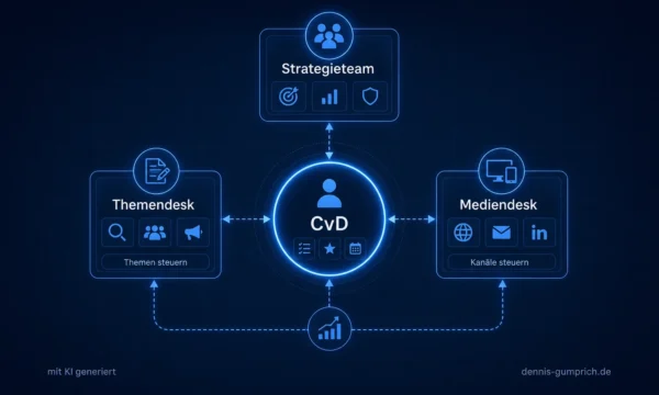 Schematische Übersicht der Newsroom-Rollen Strategieteam, CvD, Themendesk und Mediendesk mit dem CvD als operativer Steuerungsstelle