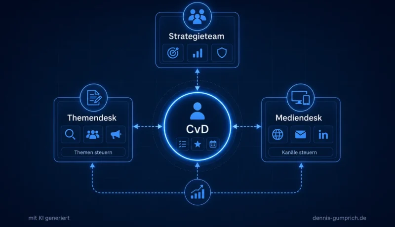 Schematische Übersicht der Newsroom-Rollen Strategieteam, CvD, Themendesk und Mediendesk mit dem CvD als operativer Steuerungsstelle
