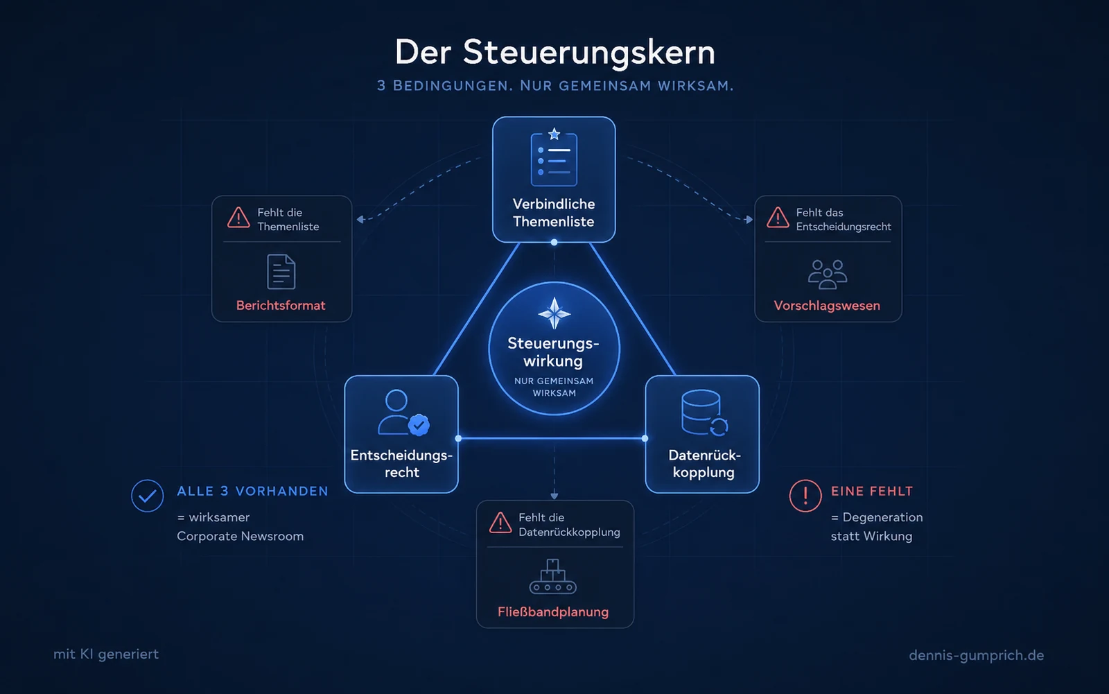 Diagramm des Steuerungskerns im Corporate Newsroom mit den drei Bedingungen verbindliche Themenliste, Entscheidungsrecht und Datenrückkopplung sowie den Fehlformen Berichtsformat, Vorschlagswesen und Fließbandplanung