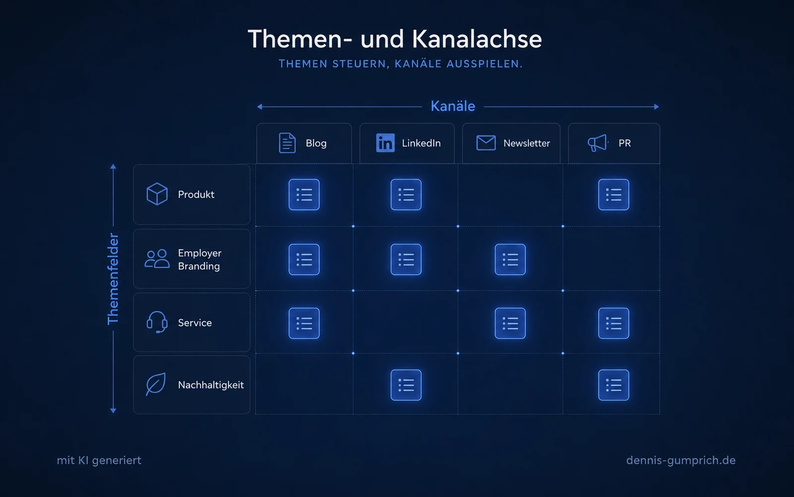 Matrix mit den Themenfeldern Produkt, Employer Branding, Service und Nachhaltigkeit in den Zeilen und den Kanälen Blog, LinkedIn, Newsletter und PR in den Spalten, Inhalte als markierte Schnittpunkte