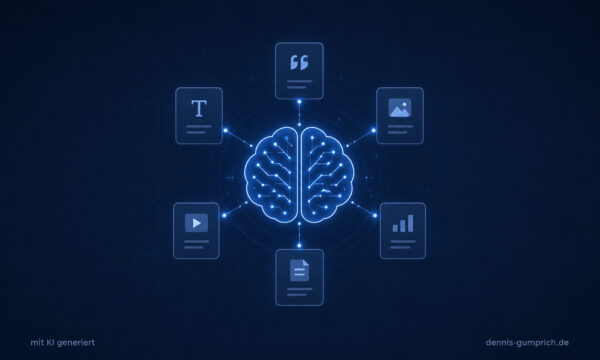 Vernetztes KI-Gehirn mit verschiedenen Content-Formaten als Symbol für Pilotphase, Lernen und anschließenden Rollout