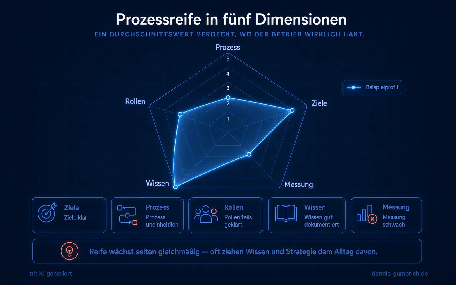 Radar-Infografik zur Prozessreife mit fünf Dimensionen: Prozess, Ziele, Messung, Wissen und Rollen. Ein blaues Beispielprofil erreicht hohe Werte bei Wissen und Zielen, mittlere Werte bei Rollen sowie niedrigere Werte bei Prozess und Messung. Unter dem Netzdiagramm stehen fünf erklärende Kacheln zu den einzelnen Dimensionen.