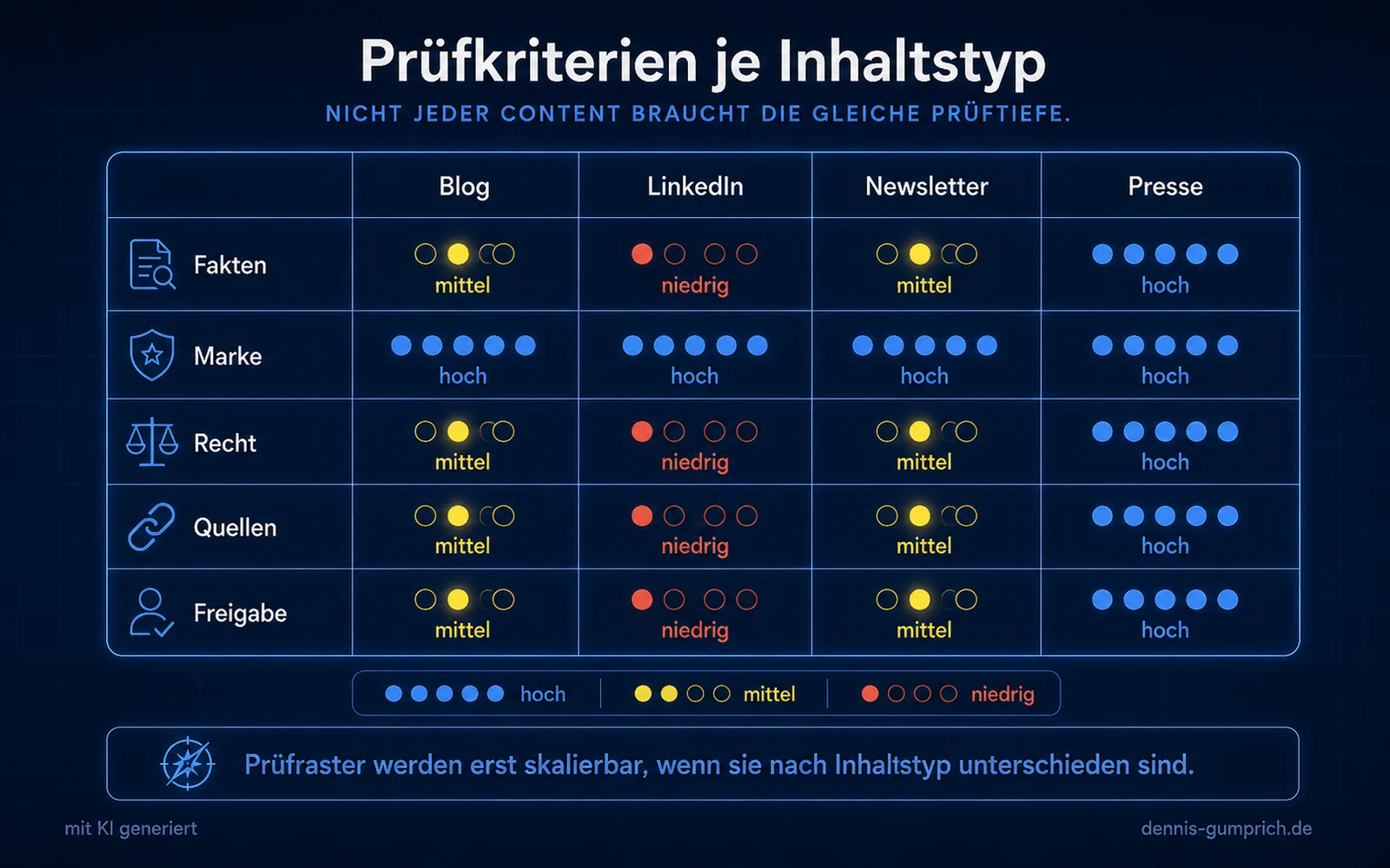 Matrix Prüfkriterien je Inhaltstyp mit den Spalten Blog, LinkedIn, Newsletter und Presse sowie den Zeilen Fakten, Marke, Recht, Quellen und Freigabe. Die Prüftiefe ist je Feld als hoch in Blau, mittel in Gelb oder niedrig in Rot abgestuft. Marke ist durchgehend hoch, Presse durchgehend hoch, LinkedIn überwiegend niedrig.