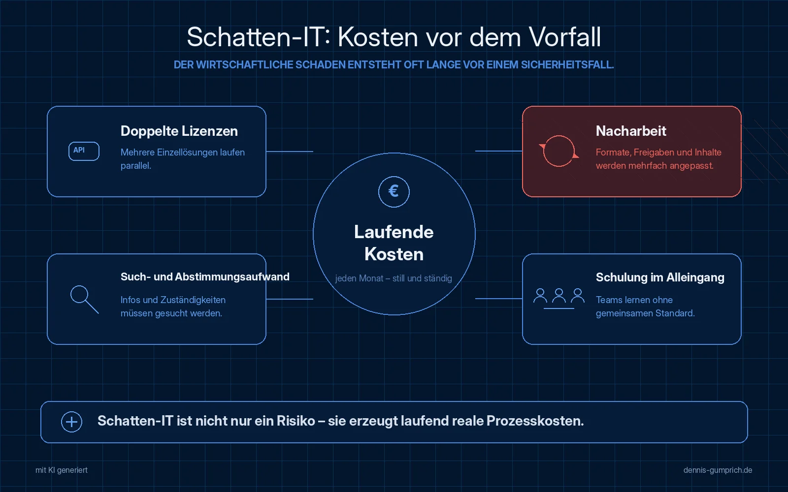 Diagramm mit einem zentralen Kreis Laufende Kosten, die jeden Monat still und ständig anfallen, und vier verbundenen Posten: doppelte Lizenzen durch mehrere parallel laufende Einzellösungen, Nacharbeit an Formaten, Freigaben und Inhalten in rot hervorgehoben, Such- und Abstimmungsaufwand für Infos und Zuständigkeiten sowie Schulung im Alleingang ohne gemeinsamen Standard.