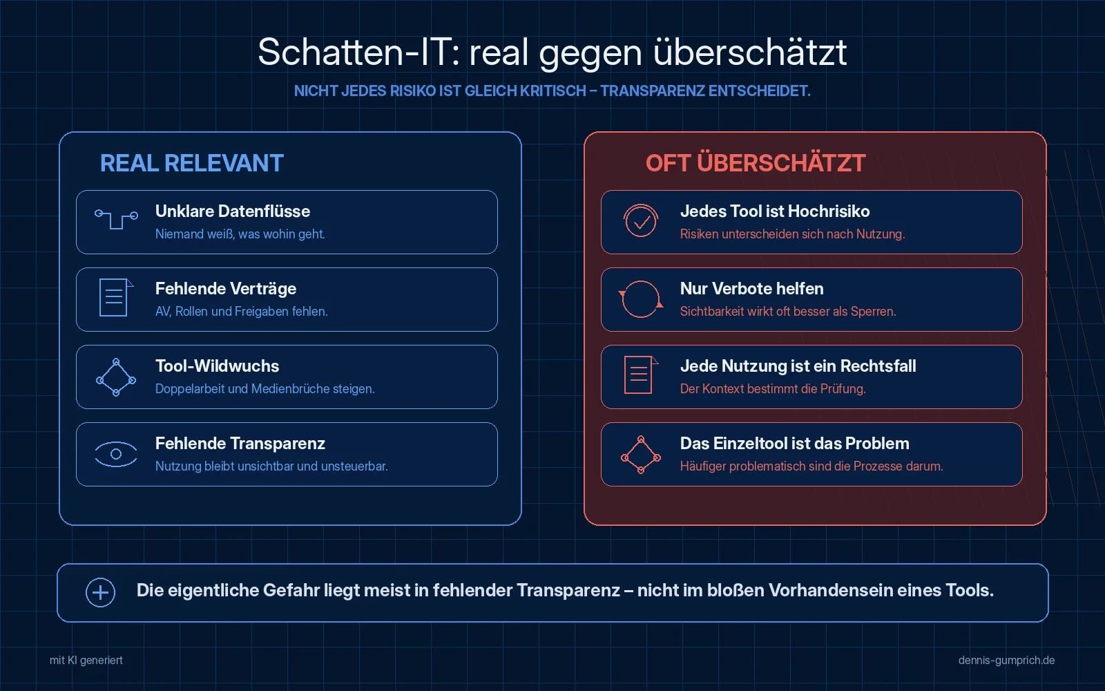 Gegenüberstellung mit zwei Spalten. Links unter Real relevant stehen unklare Datenflüsse, weil niemand weiß was wohin geht, fehlende Verträge bei AV, Rollen und Freigaben, Tool-Wildwuchs mit steigender Doppelarbeit und Medienbrüchen sowie fehlende Transparenz durch unsichtbare Nutzung. Rechts unter Oft überschätzt stehen jedes Tool ist Hochrisiko, nur Verbote helfen, jede Nutzung ist ein Rechtsfall und das Einzeltool ist das Problem, jeweils mit relativierender Erläuterung.
