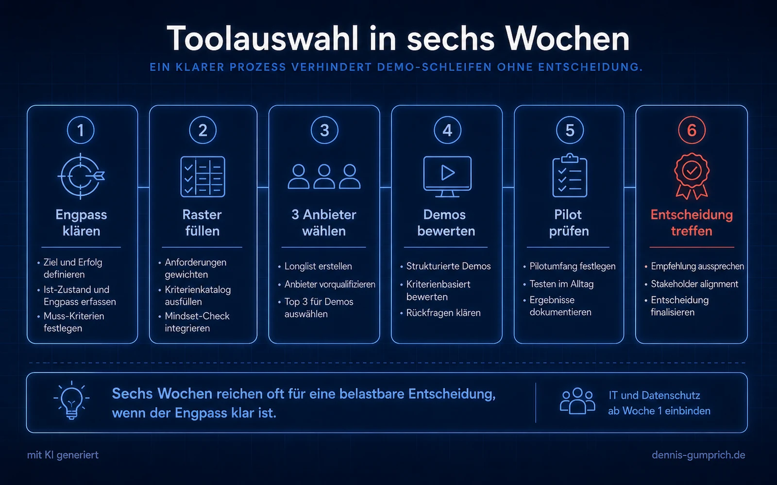 Zeitstrahl-Infografik mit sechs Karten von Woche eins bis sechs: Engpass klären mit Ziel und Ist-Zustand, Raster füllen mit gewichteten Anforderungen, drei Anbieter wählen über Longlist und Vorqualifizierung, Demos bewerten kriterienbasiert, Pilot prüfen im Alltag sowie Entscheidung treffen mit Empfehlung und Abstimmung. Ein Hinweis ergänzt, IT und Datenschutz ab Woche eins einzubinden.