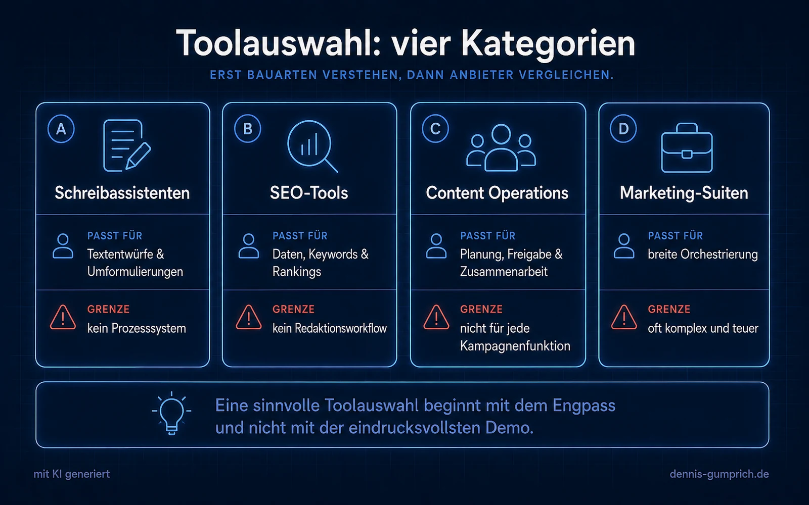 Infografik mit vier Feldern A bis D zur Toolauswahl. Schreibassistenten passen für Textentwürfe und Umformulierungen, Grenze kein Prozesssystem. SEO-Tools passen für Daten, Keywords und Rankings, Grenze kein Redaktionsworkflow. Content Operations passt für Planung, Freigabe und Zusammenarbeit, Grenze nicht für jede Kampagnenfunktion. Marketing-Suiten passen für breite Orchestrierung, Grenze oft komplex und teuer.