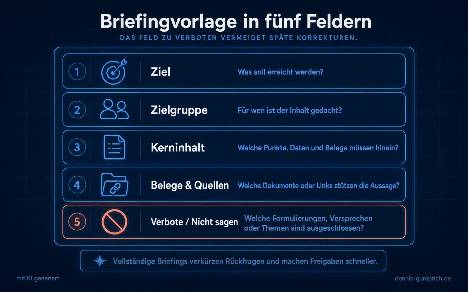 Infografik mit einer Briefingvorlage in fünf übereinander angeordneten Feldern: 1 Ziel mit der Frage, was erreicht werden soll, 2 Zielgruppe mit der Frage, für wen der Inhalt gedacht ist, 3 Kerninhalt mit Punkten, Daten und Belegen, 4 Belege und Quellen mit Dokumenten oder Links und 5 Verbote oder Nicht sagen mit ausgeschlossenen Formulierungen, Versprechen oder Themen.