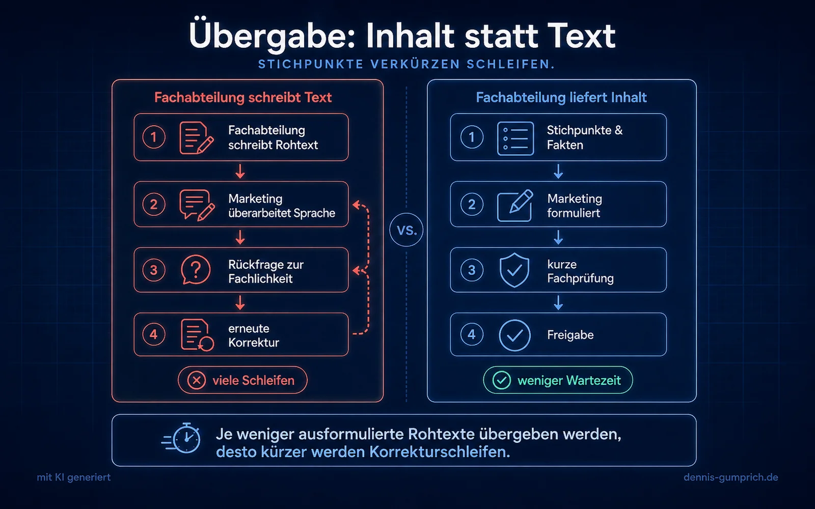 Infografik mit zwei Abläufen im Vergleich: links schreibt die Fachabteilung einen Rohtext, den Marketing sprachlich überarbeitet, anschließend Rückfragen zur Fachlichkeit stellt und erneut korrigiert; rechts liefert die Fachabteilung Stichpunkte und Fakten, Marketing formuliert daraus den Text, danach folgt eine kurze Fachprüfung und die Freigabe. Links sind zusätzliche Schleifen markiert, rechts weniger Wartezeit.