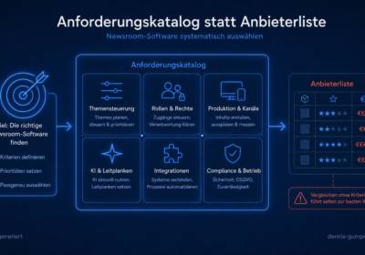 Schaubild zum Auswahlprozess für Newsroom-Software. Links das Ziel mit den Schritten Kriterien definieren, Prioritäten setzen und passgenau auswählen. In der Mitte der Anforderungskatalog mit den sechs Blöcken Themensteuerung, Rollen und Rechte, Produktion und Kanäle, KI und Leitplanken, Integrationen sowie Compliance und Betrieb. Rechts eine durchgestrichene Anbieterliste mit Sternebewertungen und dem Hinweis, dass Vergleichen ohne Kriterien selten zur besten Wahl führt.