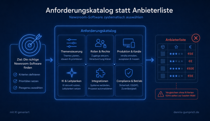 Schaubild zum Auswahlprozess für Newsroom-Software. Links das Ziel mit den Schritten Kriterien definieren, Prioritäten setzen und passgenau auswählen. In der Mitte der Anforderungskatalog mit den sechs Blöcken Themensteuerung, Rollen und Rechte, Produktion und Kanäle, KI und Leitplanken, Integrationen sowie Compliance und Betrieb. Rechts eine durchgestrichene Anbieterliste mit Sternebewertungen und dem Hinweis, dass Vergleichen ohne Kriterien selten zur besten Wahl führt.