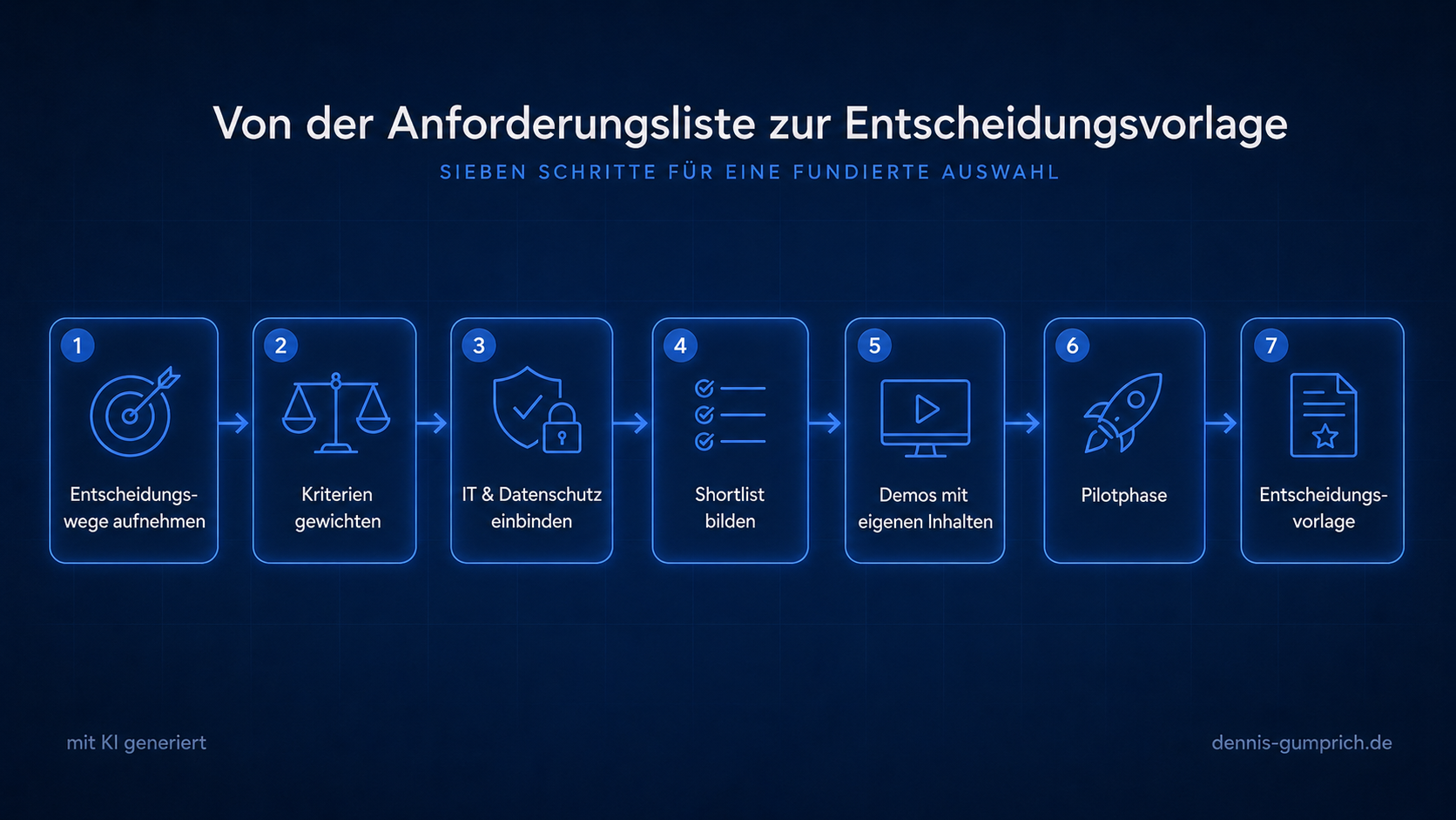 Prozessgrafik mit sieben aufeinanderfolgenden Schritten von der Anforderungsliste zur Entscheidungsvorlage: Entscheidungswege aufnehmen, Kriterien gewichten, IT und Datenschutz einbinden, Shortlist bilden, Demos mit eigenen Inhalten, Pilotphase und Entscheidungsvorlage.