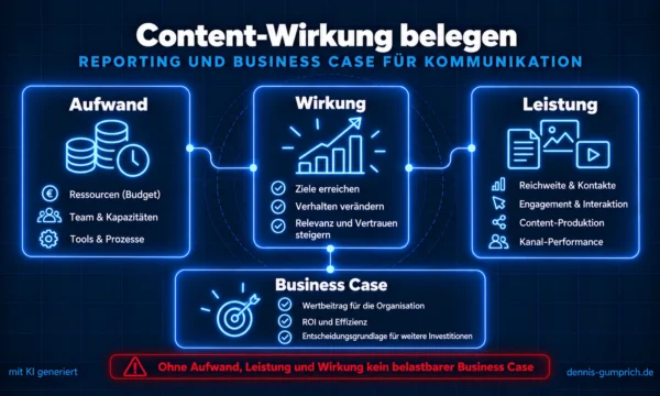 Schaubild Content-Wirkung belegen: Aufwand, Leistung und Wirkung führen gemeinsam zu einem belastbaren Business Case für Kommunikation.