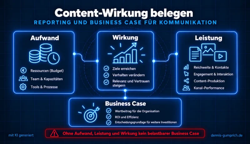 Schaubild Content-Wirkung belegen: Aufwand, Leistung und Wirkung führen gemeinsam zu einem belastbaren Business Case für Kommunikation.