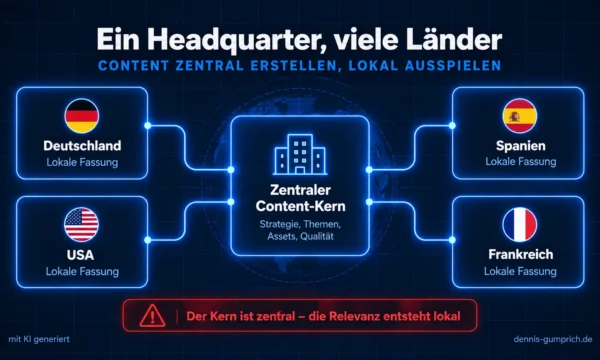 Ein Headquarter, viele Länder: Ein zentraler Content-Kern mit Strategie, Themen, Assets und Qualität versorgt lokale Fassungen für Deutschland, USA, Spanien und Frankreich. Kernaussage: Der Kern ist zentral, die Relevanz entsteht lokal.