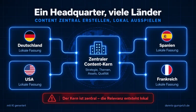 Ein Headquarter, viele Länder: Ein zentraler Content-Kern mit Strategie, Themen, Assets und Qualität versorgt lokale Fassungen für Deutschland, USA, Spanien und Frankreich. Kernaussage: Der Kern ist zentral, die Relevanz entsteht lokal.