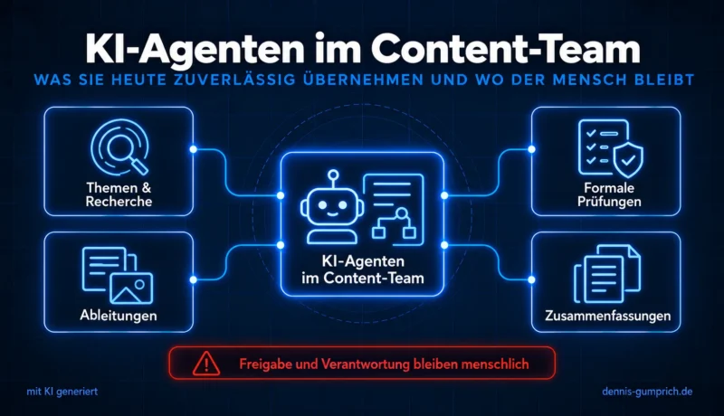 KI-Agenten im Content-Team: Agenten übernehmen Themen und Recherche, Ableitungen, formale Prüfungen und Zusammenfassungen. Hinweis: Freigabe und Verantwortung bleiben menschlich.