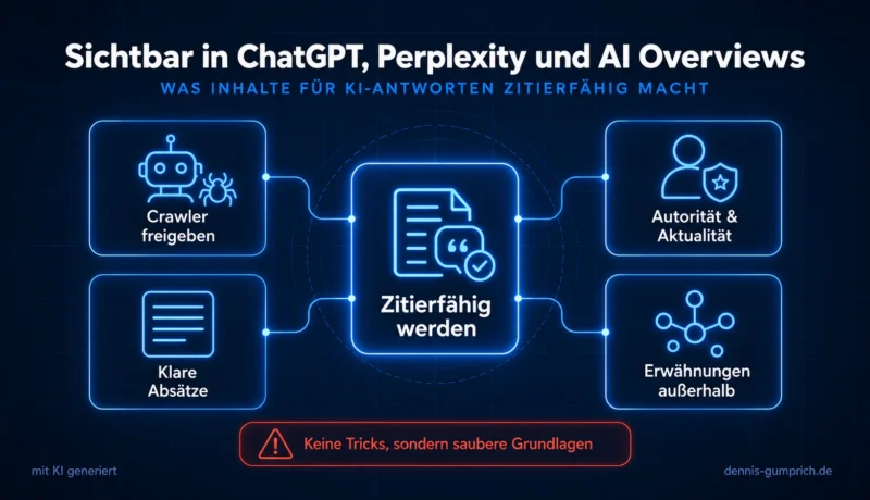 KI-Sichtbarkeit in ChatGPT, Perplexity und AI Overviews: zitierfähig werden durch freigegebene Crawler, klare Absätze, Autorität und Aktualität sowie Erwähnungen außerhalb der eigenen Website. Keine Tricks, sondern saubere Grundlagen.