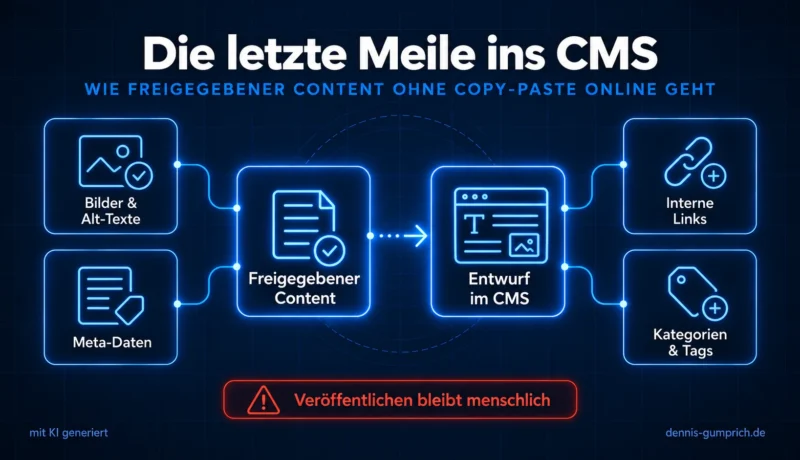 Die letzte Meile ins CMS: Freigegebener Content wird mit Bildern und Alt-Texten, Metadaten, internen Links sowie Kategorien und Tags als Entwurf ins CMS übergeben. Hinweis: Veröffentlichen bleibt menschlich.