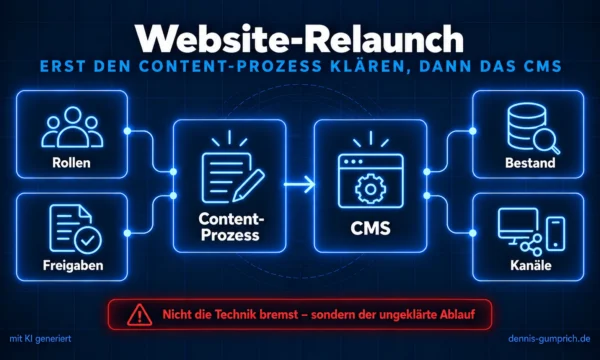 Website-Relaunch: Rollen und Freigaben fließen in den Content-Prozess, der dem CMS vorausgeht, das Bestand und Kanäle bedient.