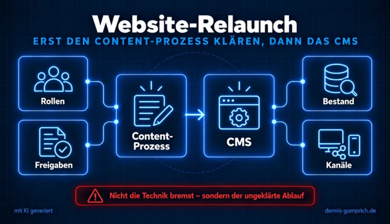 Website-Relaunch: Rollen und Freigaben fließen in den Content-Prozess, der dem CMS vorausgeht, das Bestand und Kanäle bedient.